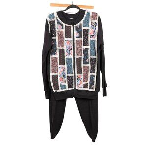 Plaid Patchwork Cardigan Sweatshirt Sweatpants M Black Floral Lace 90s Mom Cozy